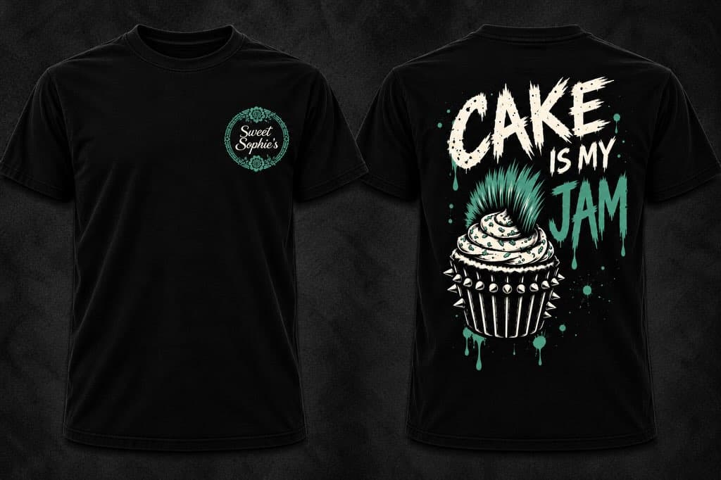 Front and back of the black Sweet Sophie's Cake Is My Jam tee, featuring a cupcake with a green mohawk