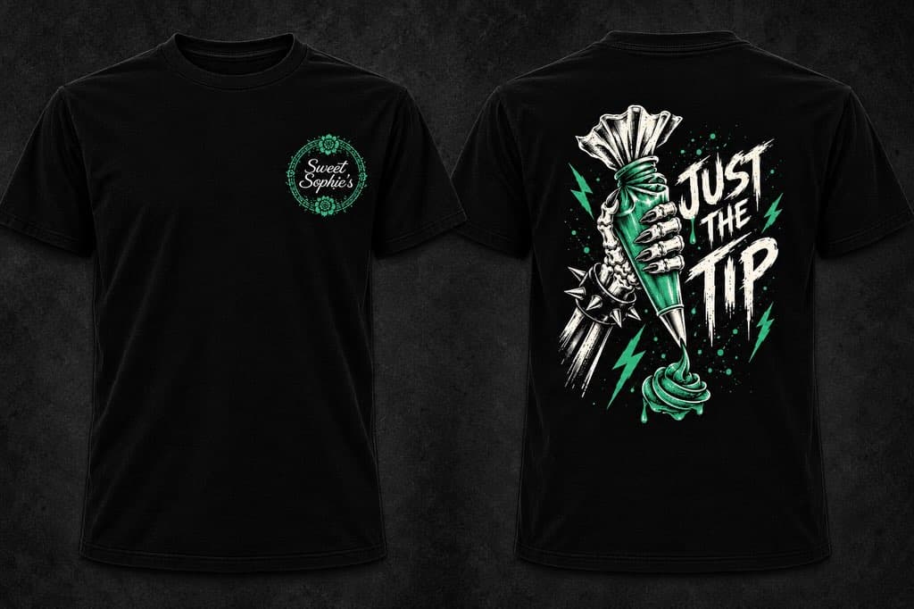 Front and back of the black Sweet Sophie's Just the Tip tee, featuring a skeletal hand holding a green piping bag